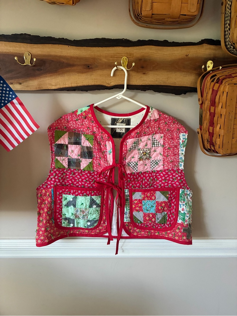 Field + Stitch Handmade Patchwork Vintage Red Monkey Wrench Quilt Vest L/XL